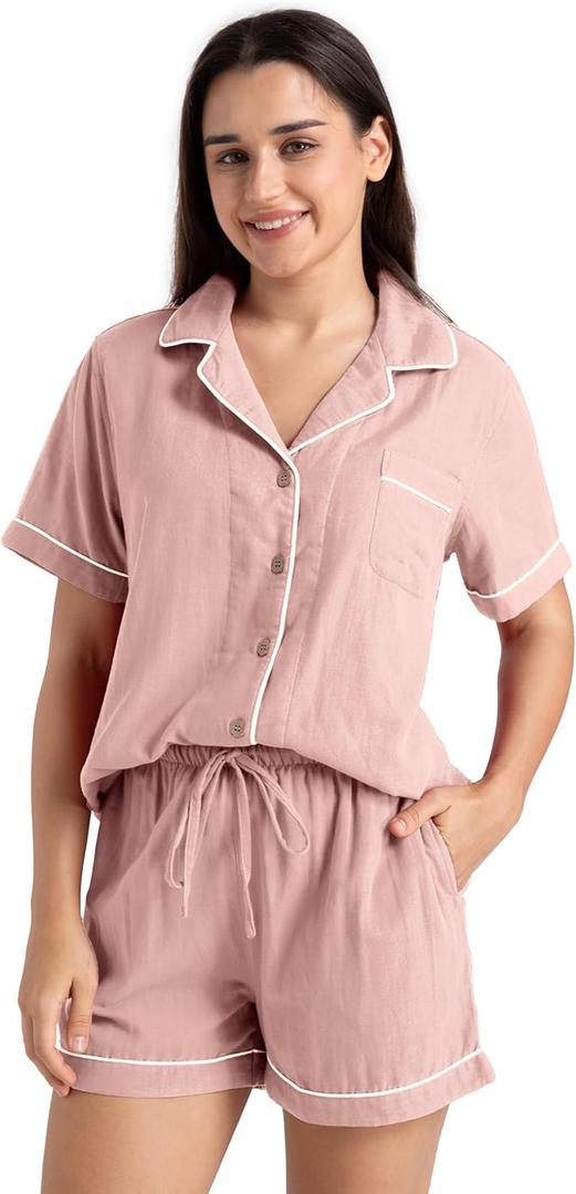 Womens Muslin Pajama Set 100% Cotton Double Gauze Linen Like Breathable Soft Button Up Loungewear Sleepwear PJ Set (Pink, L)