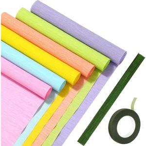 Gersoniel 57 Pcs Crepe Paper Flower DIY Kits 6 Rolls 35g Crepe Paper Sheets 50 Pcs Floral Iron Wire 10 Inch x 8 Feet 1 Roll 50 Meter for Birthday Party Wedding(Macaron Series)