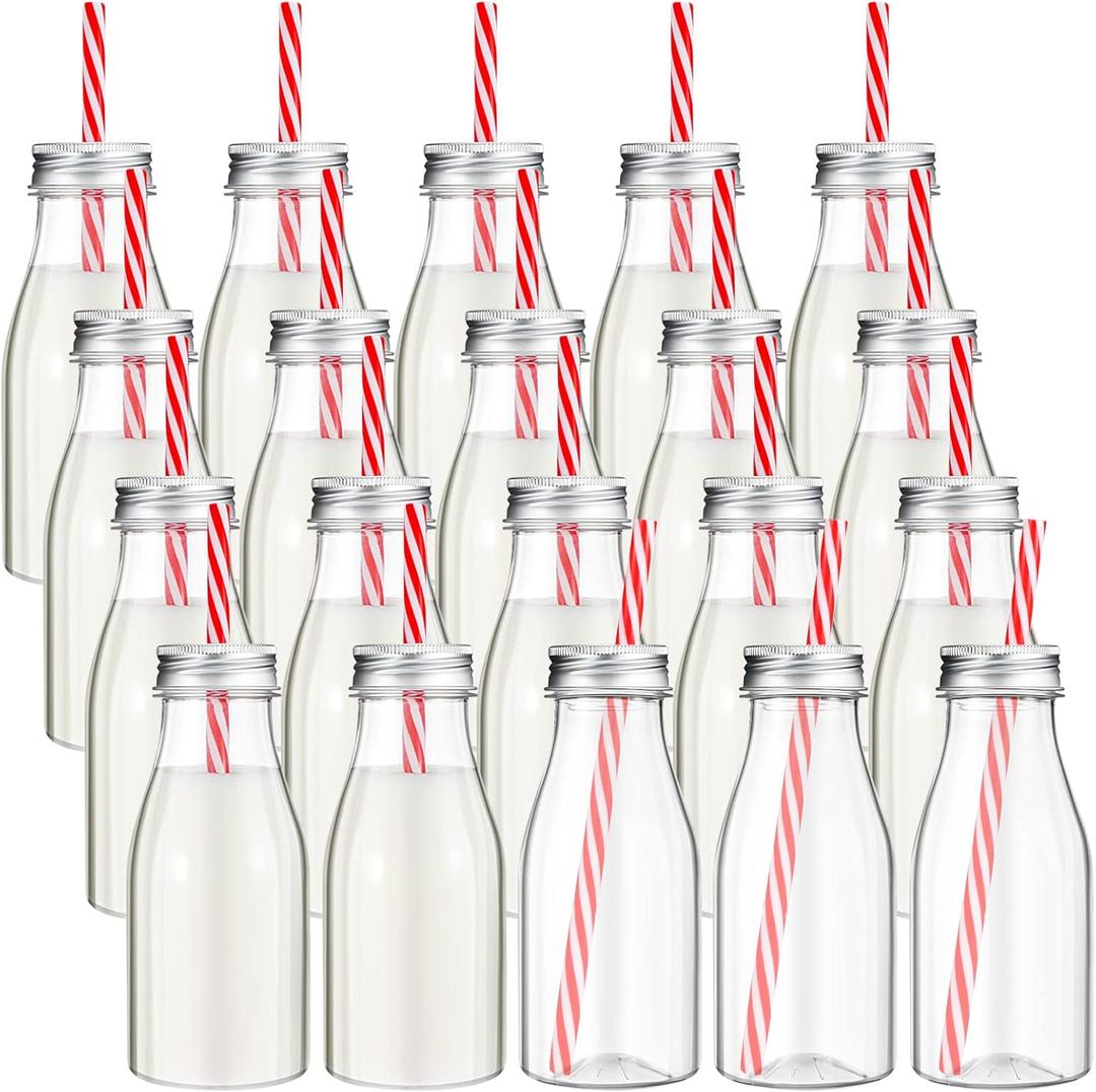 Yinkin 20 Set Plastic Milk Bottles with Straws Metal Lids Clear Plastic Containers for Dairy Milk Party Bottle for Juices Shakes Smoothies(10 oz,Red, White)