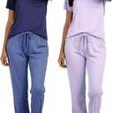Real Essentials 2 Pack: Women's Comfy Pajama Sets - Short & Long Sleeve Ladies Loungewear Sleepwear PJs (Set B Purple & Blue, Small)