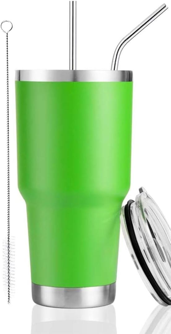 DS 30 oz Green Tumbler Stainless Steel Double Wall Vacuum Insulated Mug with Straw and Lid, Cleaning Brush for Cold and Hot Beverages