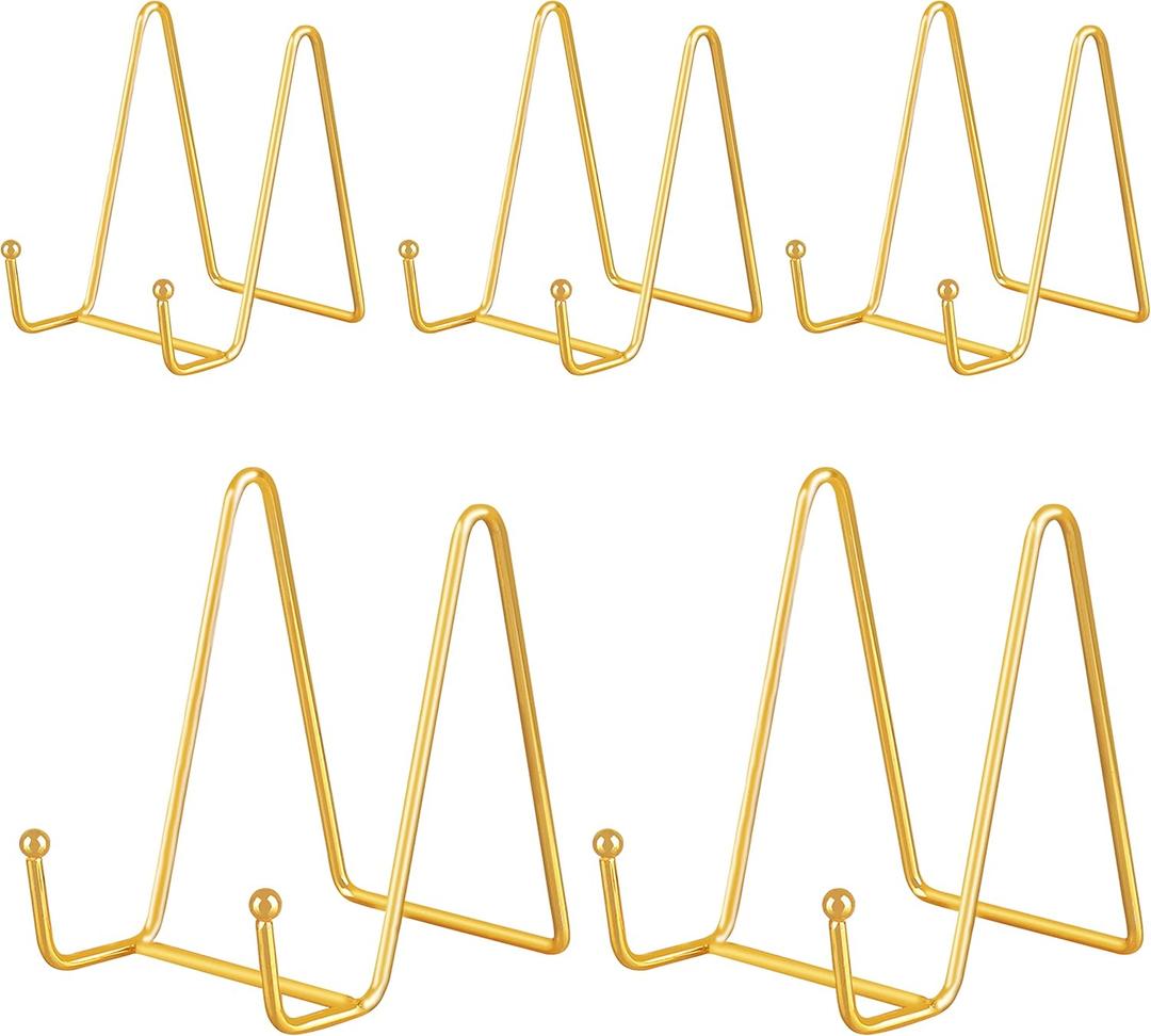 IBosins 5 Pack 4 Inch Plate Holder Display Stands, Metal Gold Frame Stand for Picture, Book, Photo Easel, Creation, Collectibles