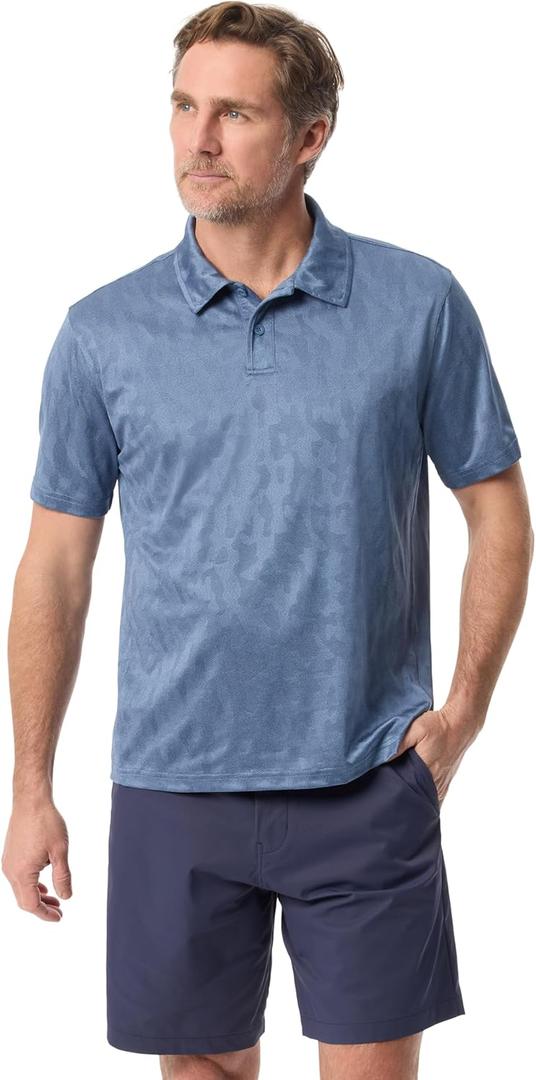 BASS OUTDOOR Mens Short Sleeve Textured Polo Shirt with Buttons Standard (Blue, M)