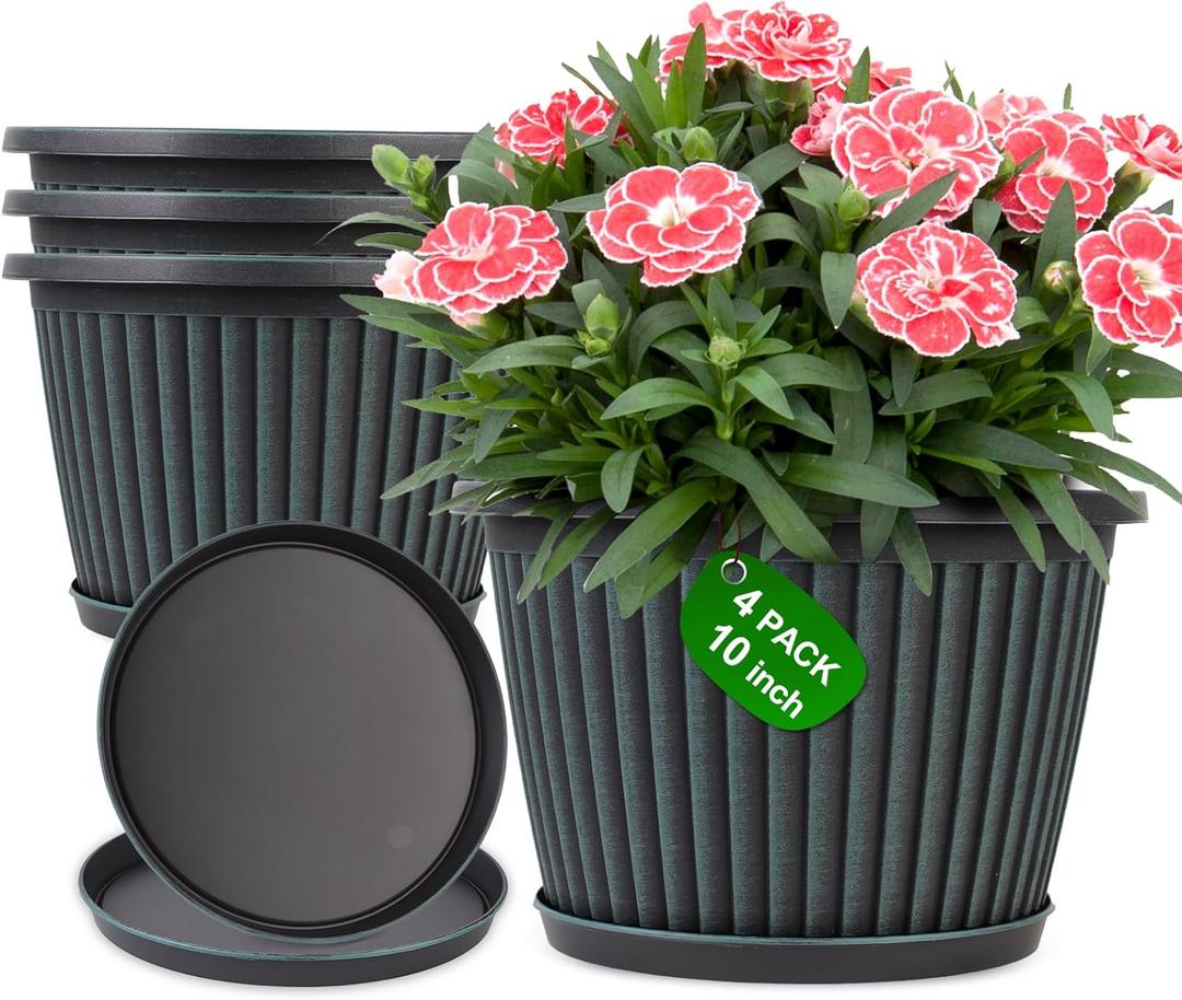 Planter-Pots-for-Plants-Indoor-Outdoor, 4 Pack 10 Inch Plastic Flower Pots with Saucer & Drainage Holes, Modern Garden Planters for Planting Medium Large Plants Decorative Resin Garden Pots (Blue Green)