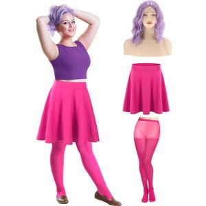 Mepase 3 Pcs Halloween Witch Mad Madam Costume Accessories Wizard Duel Cosplay Include Half Length Skirt Purple Short Wig and Sock for Women Animated Movie Cosplay