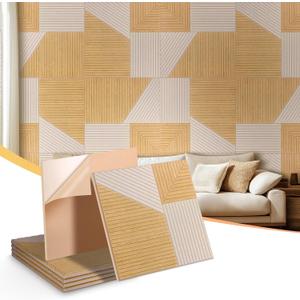 Self-Adhesive Acoustic Panels 6-Pack, Covers 24 Sq Ft - 23.6"x23.6" Brown Wood Grain Sound Proof Wall Panels, 25dB Noise Reduction, No Tools DIY for Home Office & Bedroom, 6 pack 12x16in