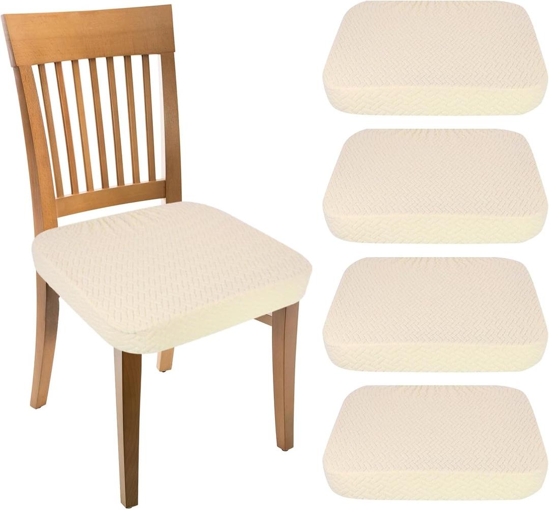 uxcell 4Pcs Stretch Jacquard Seat Covers, Dining Chair Seat Slipcover Washable Removable Cushion Protector for Dining Room Kitchen Restaurant, Beige