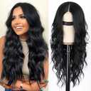AISI HAIR Black Wig for Women, Long Wavy Lace Hairline Middle Part Synthetic Heat Resistant Wig for Daily Party-26 Inch