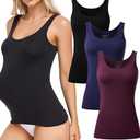 CF 3 Pack Women's Tank Tops Seamless Bamboo Rayon Square Neck Undershirts Sleeveless Tops for Ladies(Black & Dark Blue & Dark Grape Purple,L)