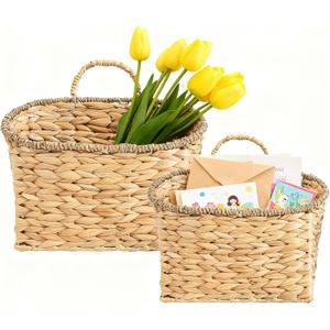 Set of 2 Woven Hanging Basket, Water Hyacinth Handmade Wicke Hanging Wall Baskets for Organizing, Front Door, Mail, Flowers-for Garden Farmhouse Home