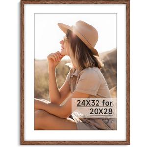 HLiWEGNS Light Walnut 24x32 Frame - Single Frame - Rustic Woodgrain 24 x 32 Poster Frame for Pictures 20x28 with Mat or 24x32 Picture Frame Without Mat for Wall Gallery Display - Ideal Christmas Day