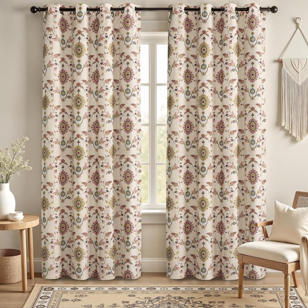 Boho Floral Blackout Curtains for Living Room, Beige Linen Textured Drapes with Colorful Bohemian Print 90 Inches Long 2 Panels Set Vintage Farmhouse Rustic Window Curtains Grommet Top