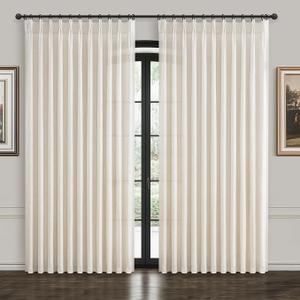 100 Inch Extra Wide Pinch Pleated Linen Sliding Door Curtains 102 Inches Long, Cream Beige Memory Trained Light Filtering Privacy Boho Sheer Curtain for Dining Room Large Windows Drapes 2 Panels Set