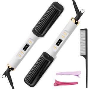 Hair Straightener Brush, Hair Straightening Iron with Built-in Comb, 4 Temp Settings & LED Display & Anti-Scald & Auto-Off Safety, Perfect for Fine, Soft Hair, Top Choice for Valentine's Day Gifts