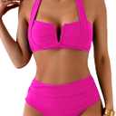 Fanuerg Womens High Waisted Bikini Sets Tummy Control Swimsuits V Wire Halter Tie Back Two Piece Bathing Suit (X-Large, Hot Pink)