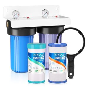 PUREPLUS 2-Stage Whole House Water Filtration System, Reduces Chlorine, Odor, Heavy Metals, Iron, Manganese, 10"x4.5" Clear Housing, 1" Inlet/Outlet, PP Sediment & Iron Filter, with Pressure Gauges
