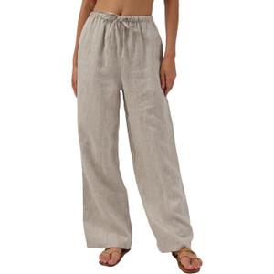 Amazhiyu Womens Pure Linen Summer Drawstring Flowy Wide Leg Pants with Pockets (X-Large, Flax)