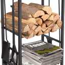 ATR ART TO REAL Firewood Log Rack Fireplace Tool Sets Black Wrought Iron Firewood Storage Holder Fireplace Wood Carrier Fireside Lumber Stacking Log Bin Brush Shovel Poker Tongs 17.8 x 11.8 x 29.3in
