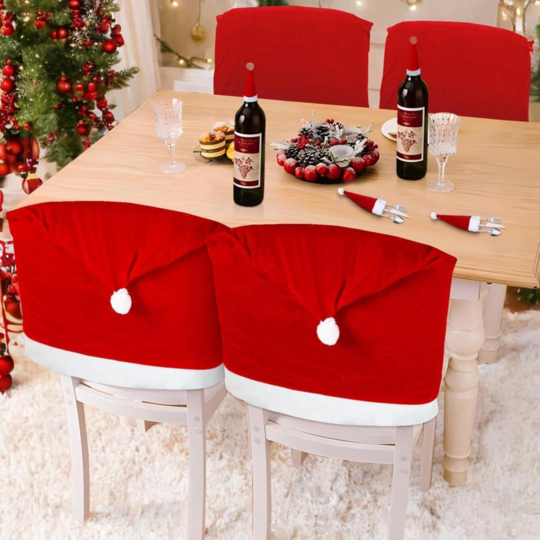 4PCS Christmas Chair Covers, Stretch Removable Washable Santa Claus Hat Dining Room Chair Slipcover - Red Xmas Chair Seat Protector Cover for Home,Ceremony, Banquet Indoor Decorations
