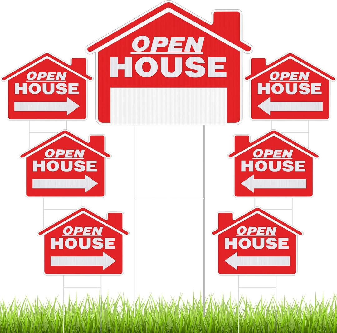 Pinkunn 7 Packs Open House Signs for Real Estate, 18 x 14 Inch Double-sided Plastic with Metal H-stakes, Weather Proof Open House Directional Yard Board for Estate Agent Property Sale(Red)