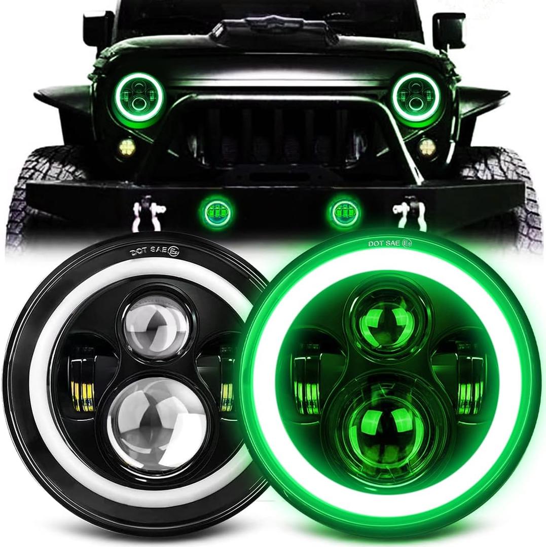 7 Inch Halo LED Headlight with Green DRL Amber Turn Signal Light DOT Approved 7 inch led headlight Compatible with Wrangler Halo Headlights JK TJ LJ CJ, Green Halo