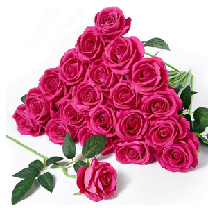 Serwalin 20pcs Artificial Roses, 4'' Big Flower Head, Hot Pink Roses Velvet Real Touch, Silk Fake Roses Long Stem Realistic Bouquet for Wedding Table Centerpiece and Home Decor