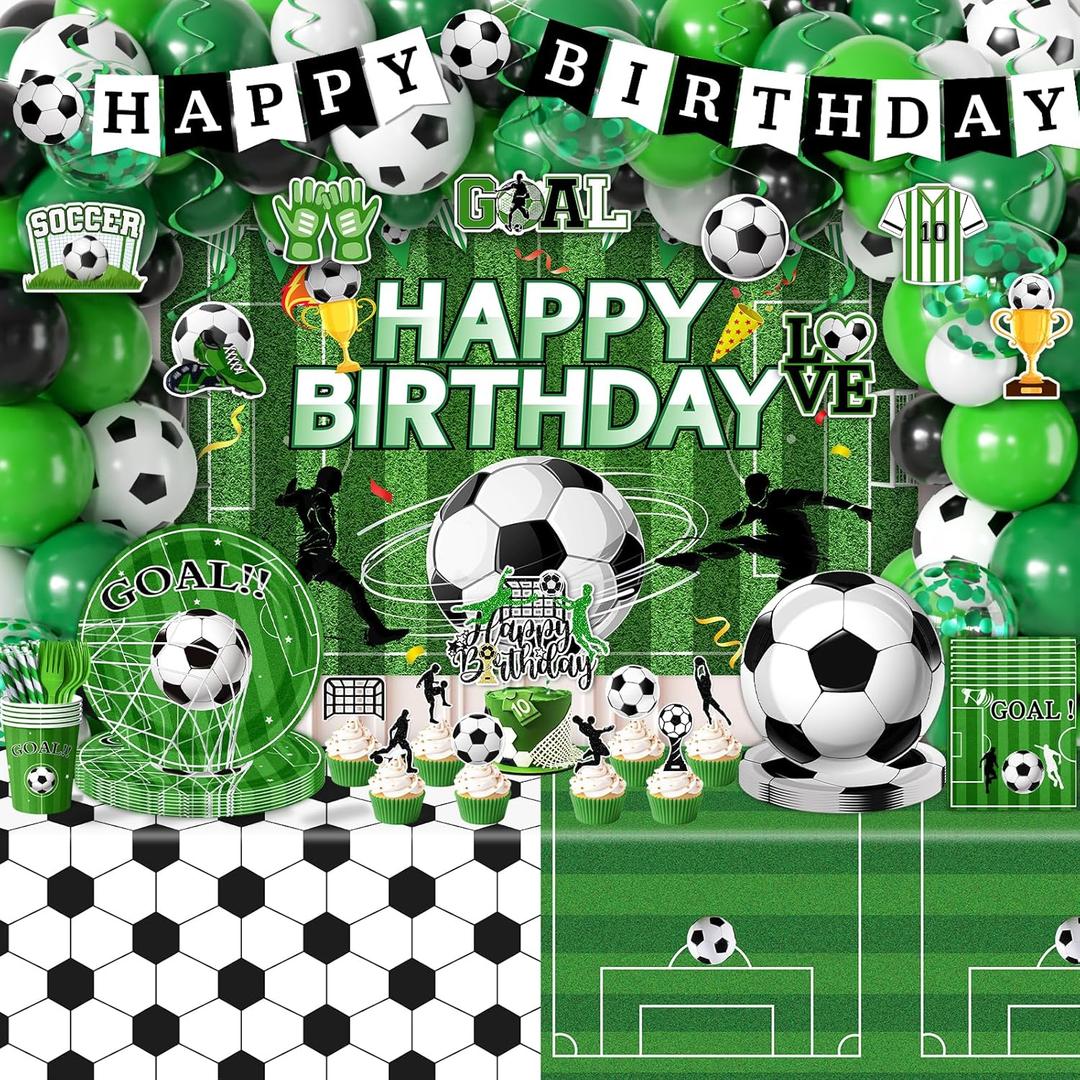 Soccer Birthday Party Decorations,276pcs Soccer Party Decorations Soccer Birthday Plates Napkins Cups Tablecloth Backdrop Cake Topper Balloon Arch for Soccer Party Supplies,Serve 24