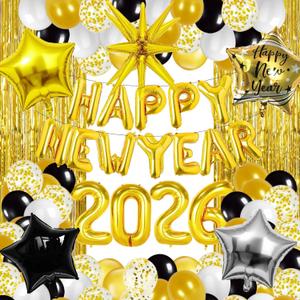 2026 New Years Eve Party Supplies, Happy New Year Decorations 2026, New Years Eve Decorations with Gold Happy New Year 2026 Foil Balloons, Fringe Curtain for NYE Decorations 2026
