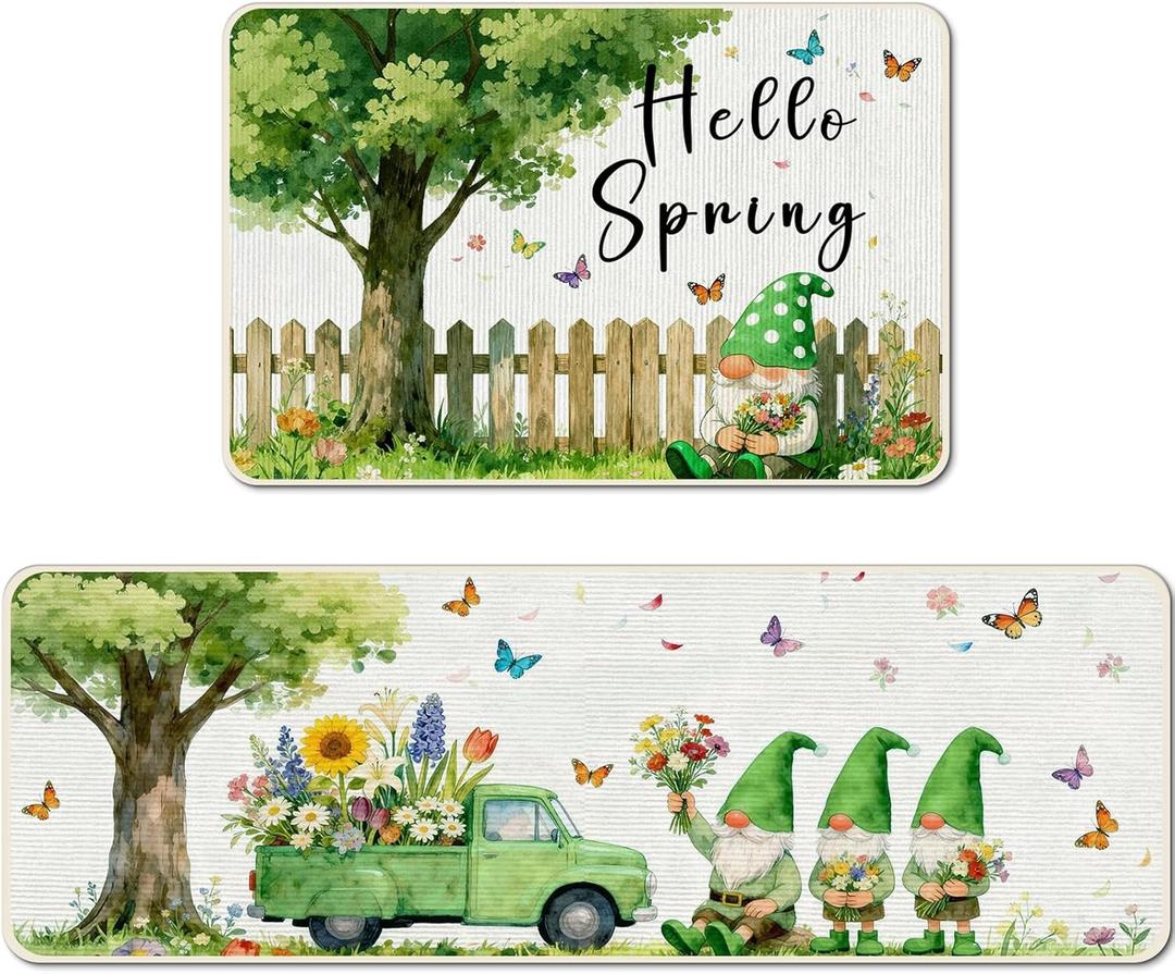 Spring Floral Kitchen Rugs Set of 2, Colorful Spring Summer Flowers Non-Slip Kitchen Mats, Seasonal Home Farmhouse Floor Mats for Home Indoor Decor (E)