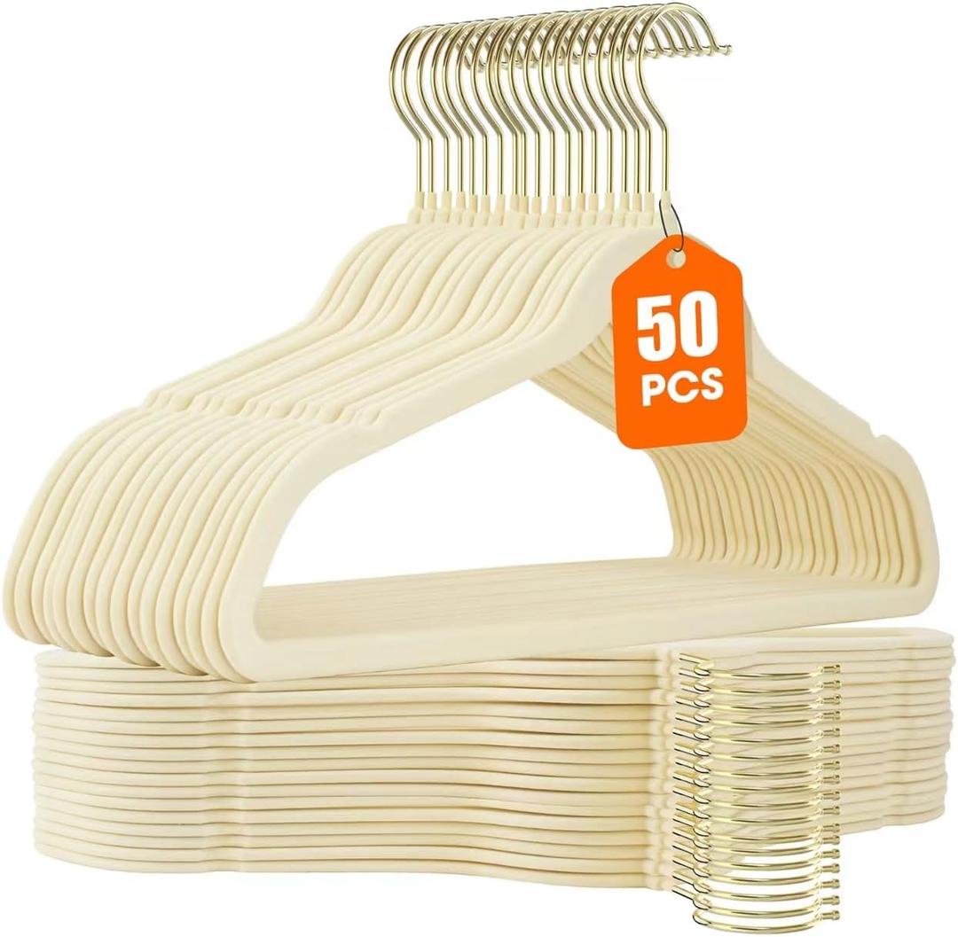 50 Pack Beige Velvet Hangers,Non Slip,Heavy-Duty,Slim,Space Saving,with Felt Surface and Gold 360Swivel Hook,for Pants,Outfit,Skirts,Suits,Coats,Dresses etc.