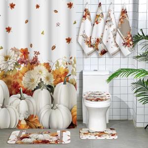 Honoson 8 Pcs Thanksgiving Shower Curtain Set Fall Bathroom Sets with Rugs and Kitchen Towels Autumn Harvest Pumpkins Maple Leaf Yellow Floral Watercolor Fabric with Hooks Housewarming Gifts Decor