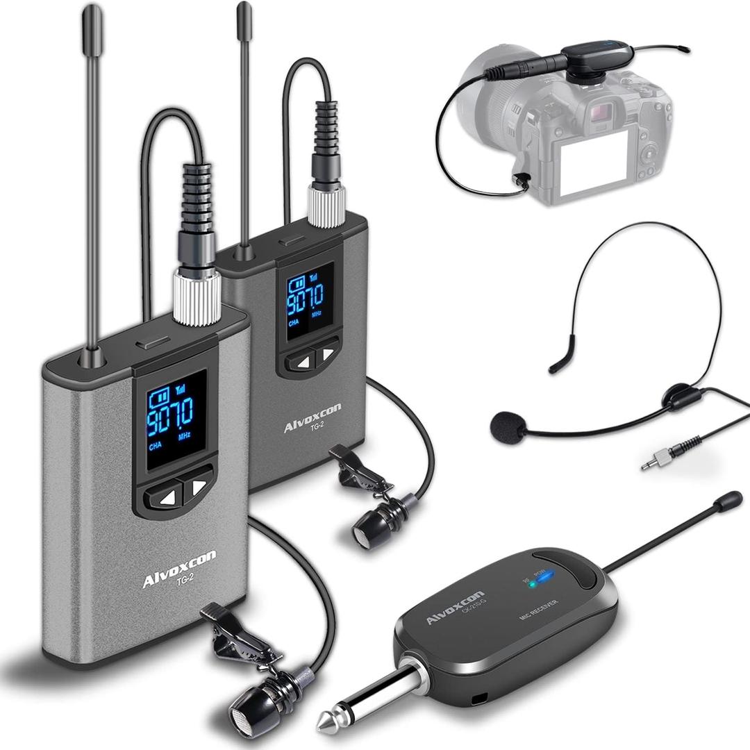 Alvoxcon UHF Dual Channel Wireless Lavalier Microphone System with Volume Control for iPhone, DSLR, PA Speaker, YouTube, Podcast, Video Recording, Conference, Vlogging, Church, Interview, Teaching (Gray)