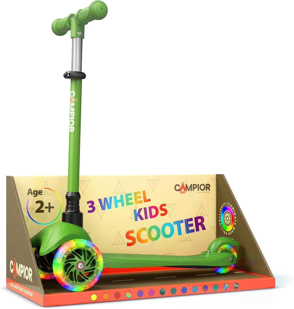 Green Mini 3 Wheel Scooter for Kids  Lean-to-Steer with LED Light-Up Wheels, Adjustable Handlebar, Wide Anti-Slip Deck, Smooth PU Wheels, Rear Foot Brake  Toddler Scooter for Ages 2+