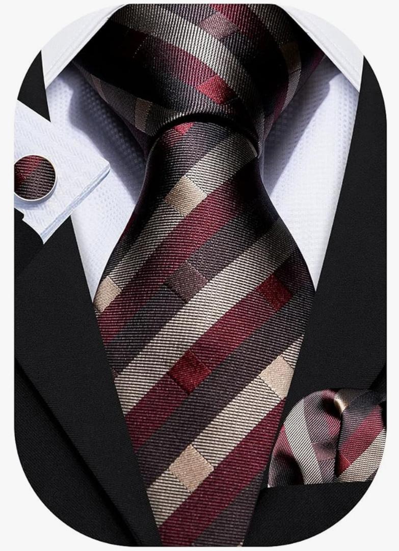 Barry.Wang Designer Classic Ties for Men Set Formal Pocket Square Cufflink Check Plaid