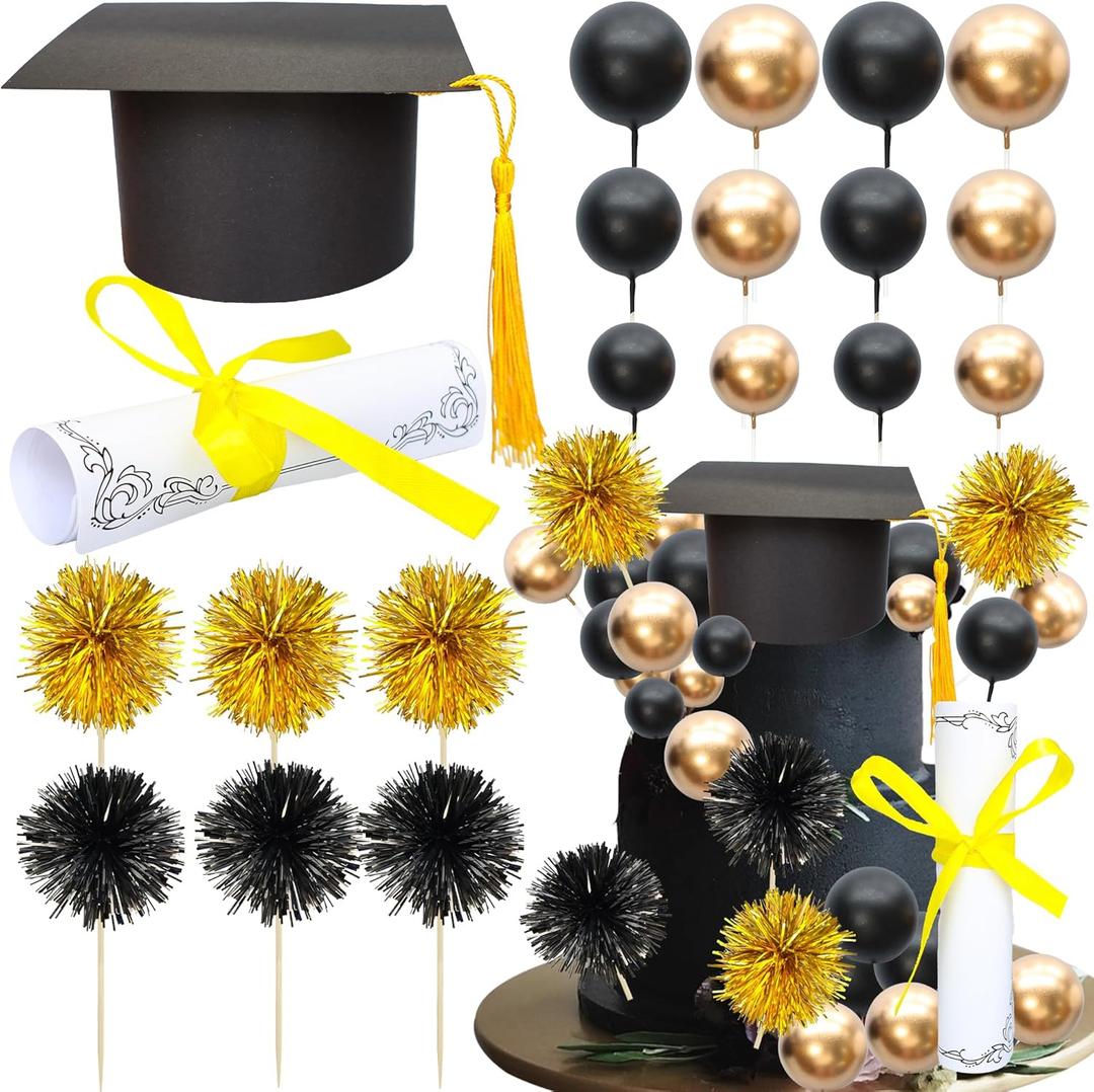 Ephlyn 42 Pack 2025 Graduation Cake Toppers Grad Cap Diploma Balls Tassel Firework Congrats Grad Cake Decorations for 2025 High School College Senior Graduation Supplies Black Gold