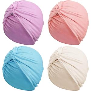 SATINIOR 4 Pieces Turbans for Women Soft Pre Tied Knot Fashion Pleated Cancer Turban Cap Chemo Headwrap Sleep Hat, 4 Colors (Blue, Purple, Pink, White)