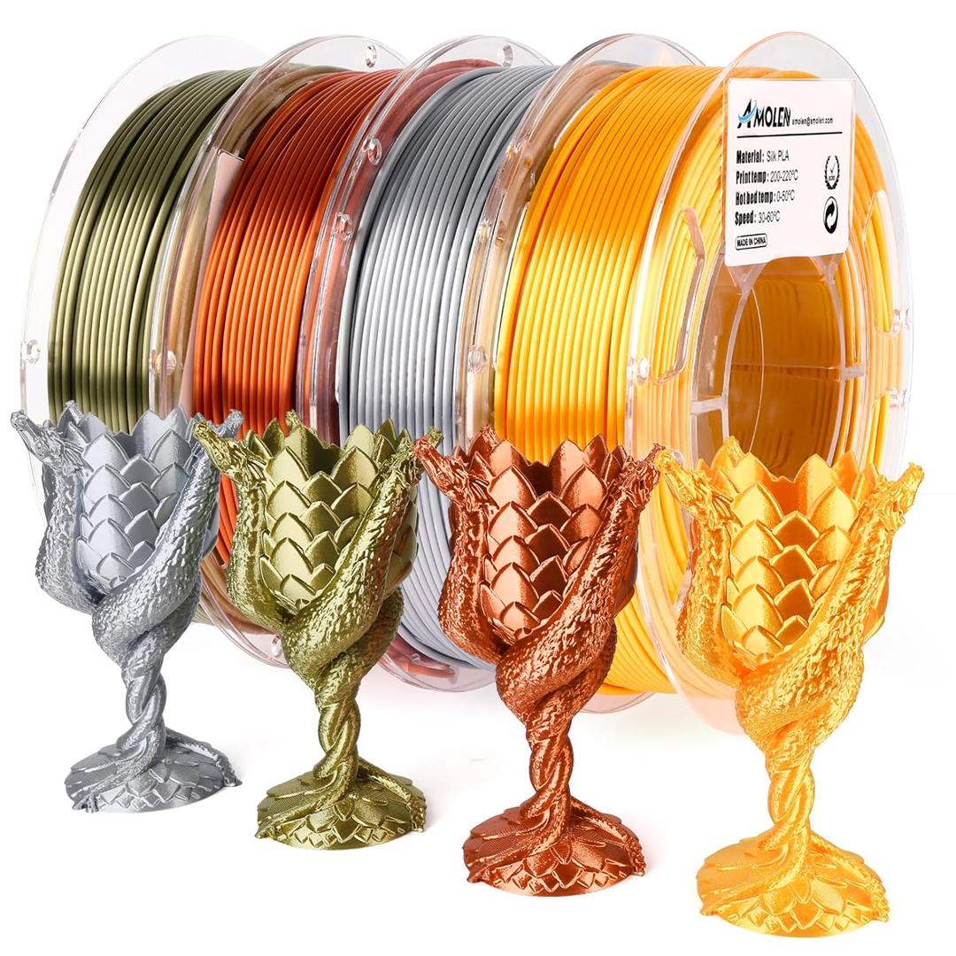 AMOLEN PLA 3D Printer Filament,PLA Filament 1.75mm,Silk Filament Bundle,Gold, Silver,Bronze, Red Copper,3D Printing Filament Bundle, 200gX 4 Spools