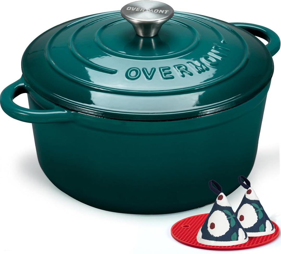 Overmont Enameled Cast Iron Dutch Oven - 5.5QT Pot with Lid Cookbook & Cotton Potholders - Heavy-Duty Cookware for Braising, Stews, Roasting, Bread Baking (Bottle Green)