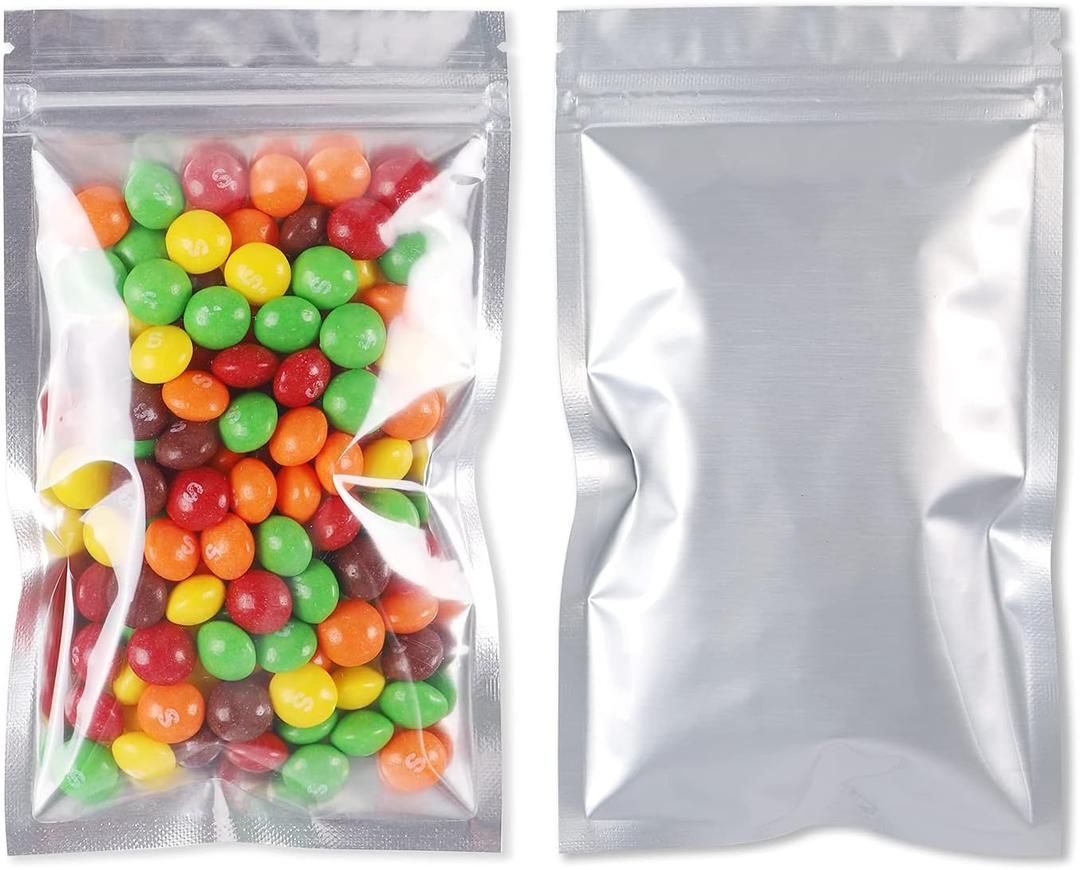 100 Pack Mylar Bags for Food Storage 4 x 7 Inch Smell Proof Bags with Clear Window Resealable Aluminum Foil Packaging Pouch Bag Silver