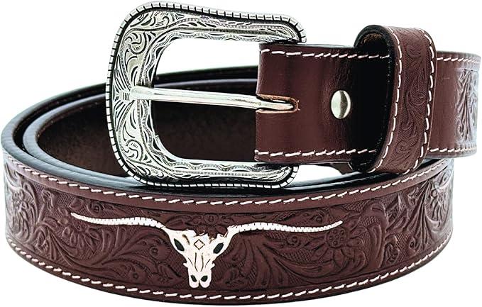 Western Leather Belt Tooled with Engraved Buckle – Cowboy & Cowgirl Rodeo Style