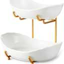 2 Tier Ceramic Fruit Bowl for Kitchen Counter, Tiered Fruit Basket for Countertop, Modern Multi Layer Fruit Display Stand for Party, Cute (Gold&White, Small) 1
