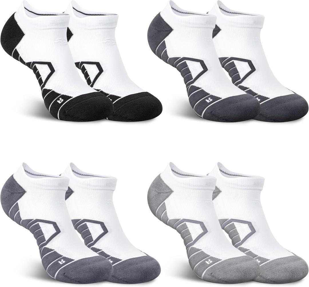 Hylaea Athletic Running Socks Cushion Padded Moisture Wicking Low Cut (Large, Black Grey White 4 Pairs)
