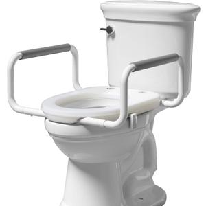 R&T 2" Toilet Seat Riser with Handles Comfortable Raised Toilet Seat for Seniors, Fits for Elongated Toilets, Elevated Seat with Soft Grey Padded Arms for Bathroom