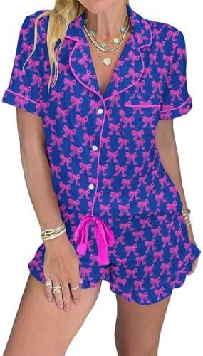 KevaMolly Womens Christmas Lounge Sets Candy Cane Print Pocketed Knotted PJ Set Short Sleeve Xmas Top and Shorts S
