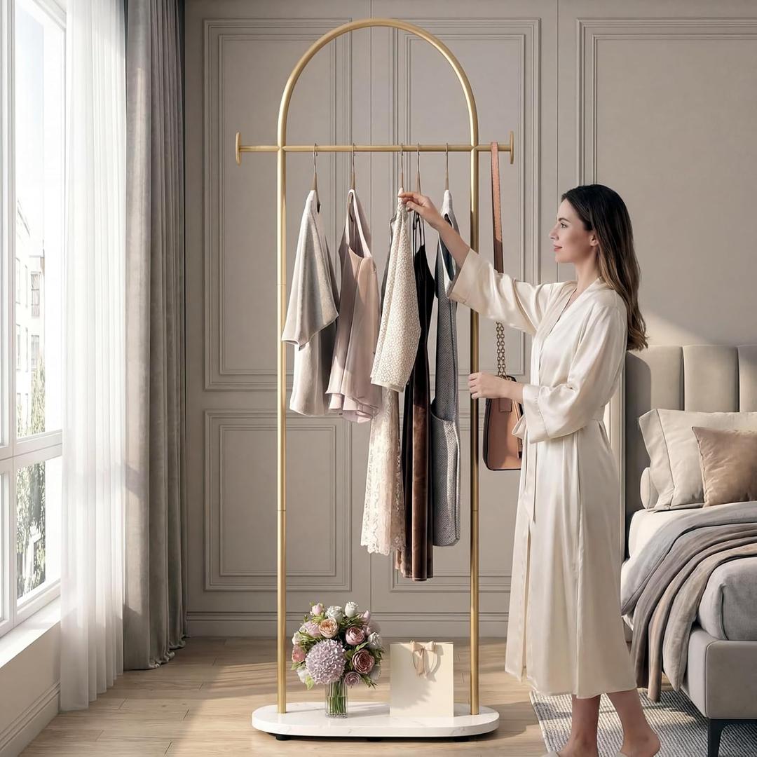 Gold Clothing Rack, Modern Clothes Rack with Shelf, Heavy Duty Freestanding Coat Rack, Metal Coat Hanger Stand with Hooks for Boutique Office (23.6" L)