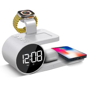 Brookstone 4-in-1 Wireless Charging Station: Stylish | Compatible for iPhone 15,14,13,12 Pro Max Series, All iWatch Series, Compatible with Airpods 3,2 Pro| Wireless Charging Station with Clock. (White)