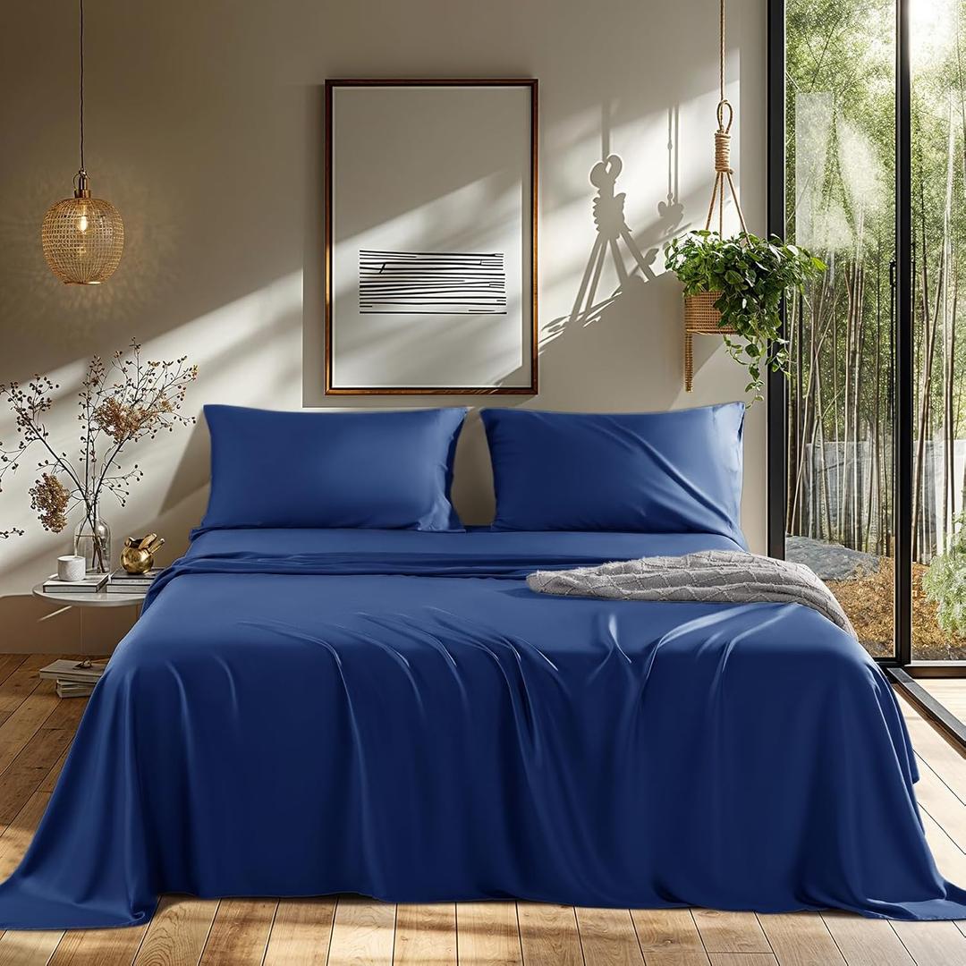 LBRO2M Cooling Bed Sheet 100% Viscose Derived from Bamboo Sheet Set King Size 4 Piece,Fit Up to 16" Deep Mattress, 1800 TC Sheet Super Soft Silky Smooth,Breathable Cool Bedding (King Navy Blue)
