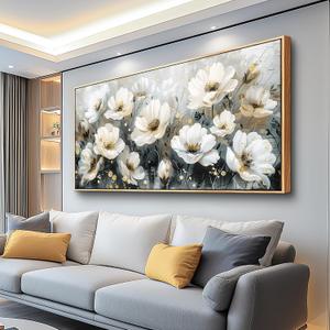 PHAOHUAXM Large Canvas Wall Decor For Living Room Wall Art For Bedroom Office Wall Decorations Print White Ink-Wash Flower-Shaped Wooden Frame Artwork Stretched and Frame Posters Home Decor 24"X48"