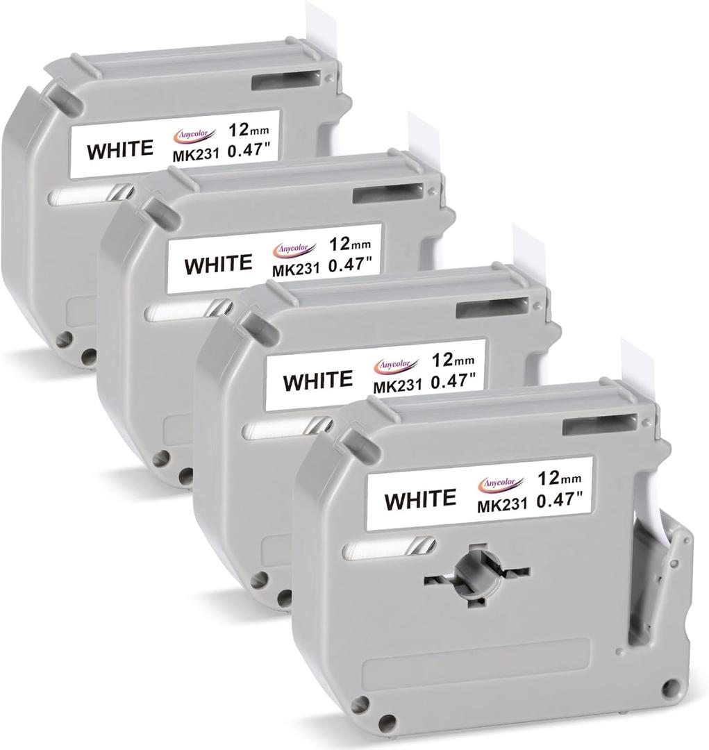 Anycolor M-K231 PTM95 Label Tape Compatible with Brother M Tape P Touch 12mm 0.47 White, M-K231s MK231 M231 for Brother PT-M95 PT-70BM PT-90 PT-85 PT65 45 Ptouch Label Maker Refills, 4 Pack (Black on White)