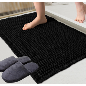 ZALL Beige Waffle Bath Mat, Super Absorbent Non Slip Bathroom Rug, Black 18x30inch Rugs, Machine Washable Ultra Soft Floor Mats